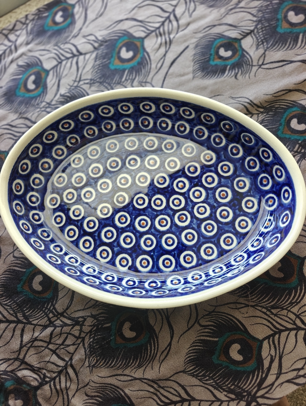 Boleslawiec Polish Pottery Peacock Eye Oval Casserole Baking Dish 12x9" EUC blue